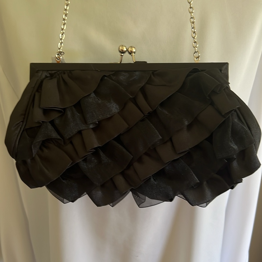 NWT: White House Black Market Ruffle Clutch Evening Bag, 21” silver chain, satin - Picture 6 of 8